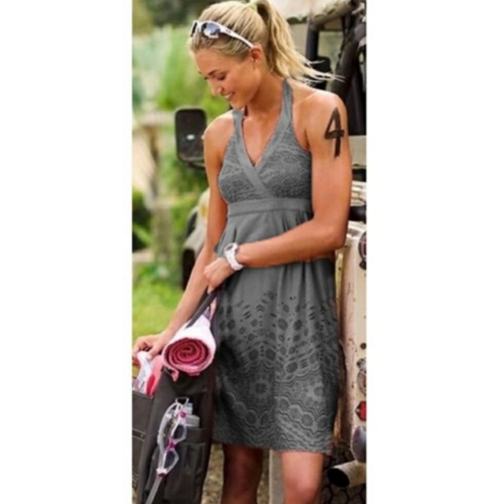 Athleta Gray Halter Lace-Pattern Mini Dress